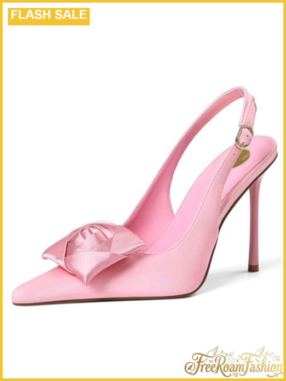 Silk Slingback Heels Pointed Toe Buckle Floral Knot Pumps